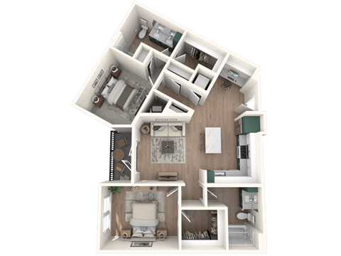 A 3D model of a house showing the layout of the rooms.
